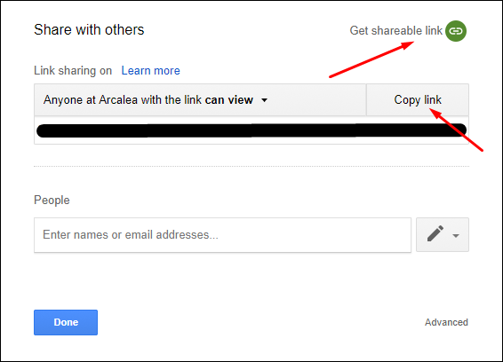 Share with others window in Google Drive with two red arrows pointing at the copy link and the get shareable link buttons