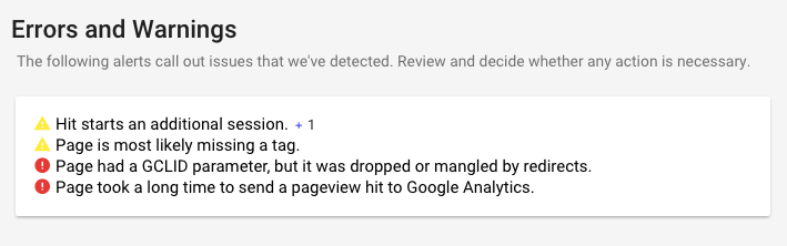 Errors and Warnings example callout from Google Analytics