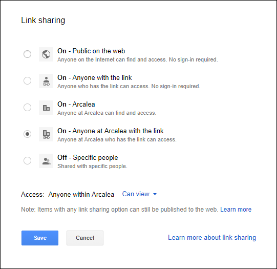 Link sharing window in Google Drive showing different options for sharing
