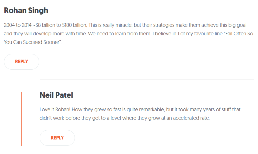 Neil Patel responding to a comment on his blog