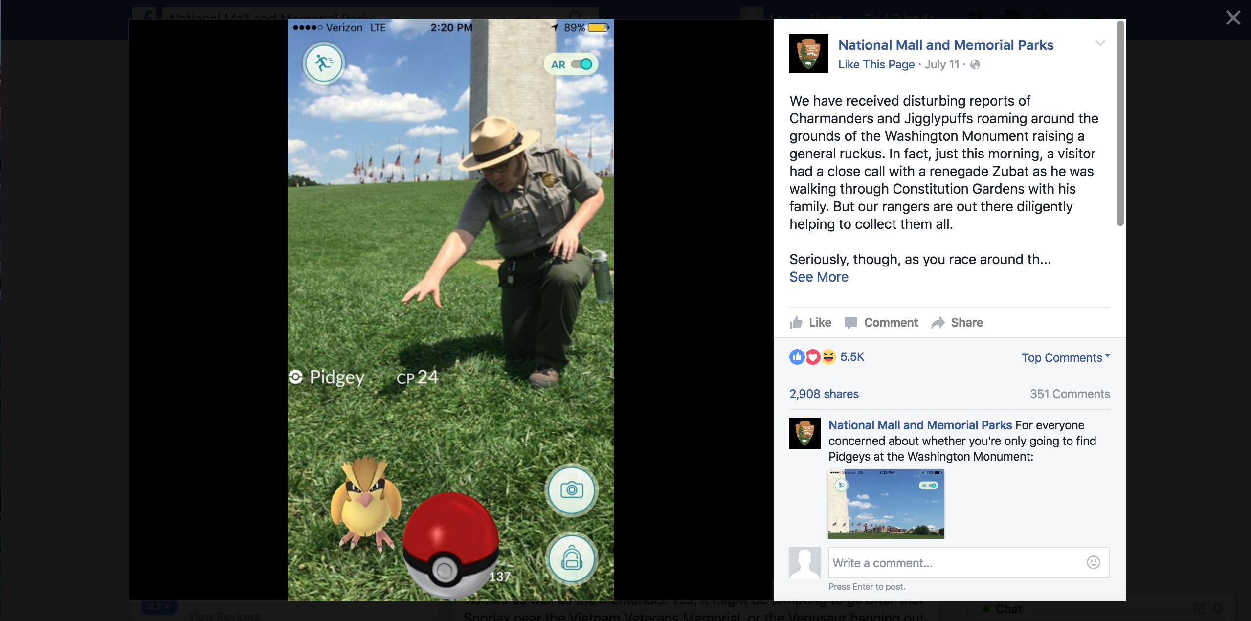 National Mall and Parks promoting Pokemon Go